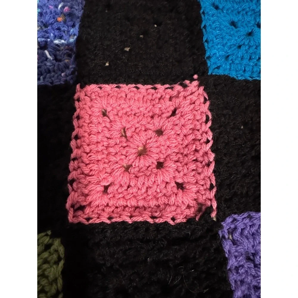 Handmade Granny Square Crochet‎ Afghan Blanket Multi-Color Patchwork Large Black